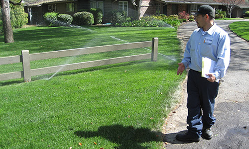 service tech inspecting irrigation for lawn sprinklers